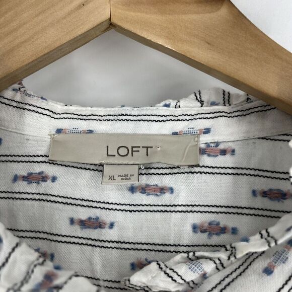 LOFT Top Size XL White Clip Ruffle Stripe Long Sleeve Shirt Button Up Prairie - Picture 3 of 7